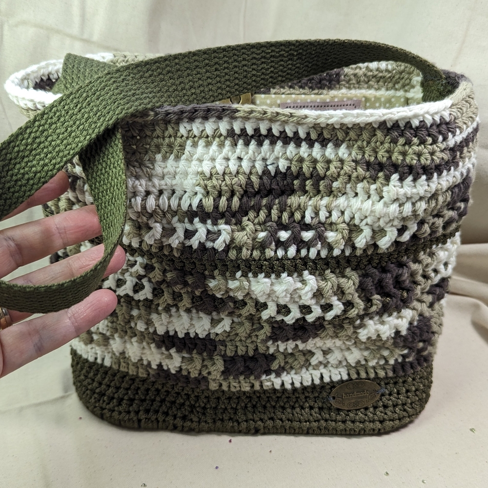 Elegant Olive and Cream Crochet Shoulder Bag